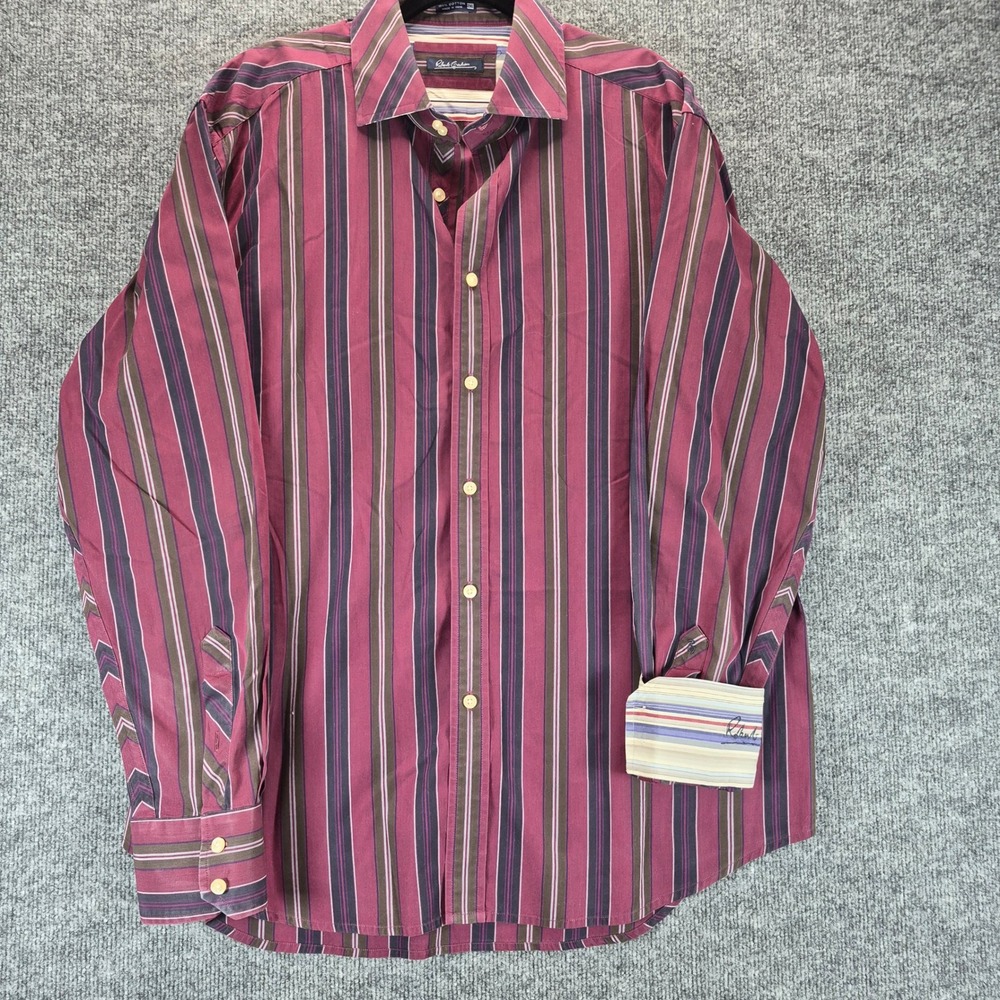 Robert Graham Button Up Striped Contrast Flip Cuff XL Burgundy Mens